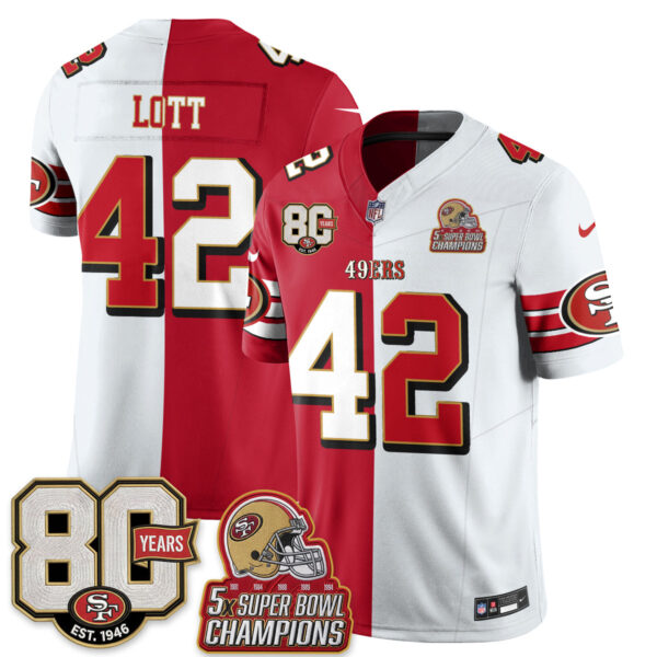 San Francisco 49ers Ronnie Lott Split Style Vapor Jersey - All Stitched - Red White