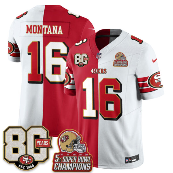 San Francisco 49ers Joe Montana Split Style Vapor Jersey - All Stitched - Red White