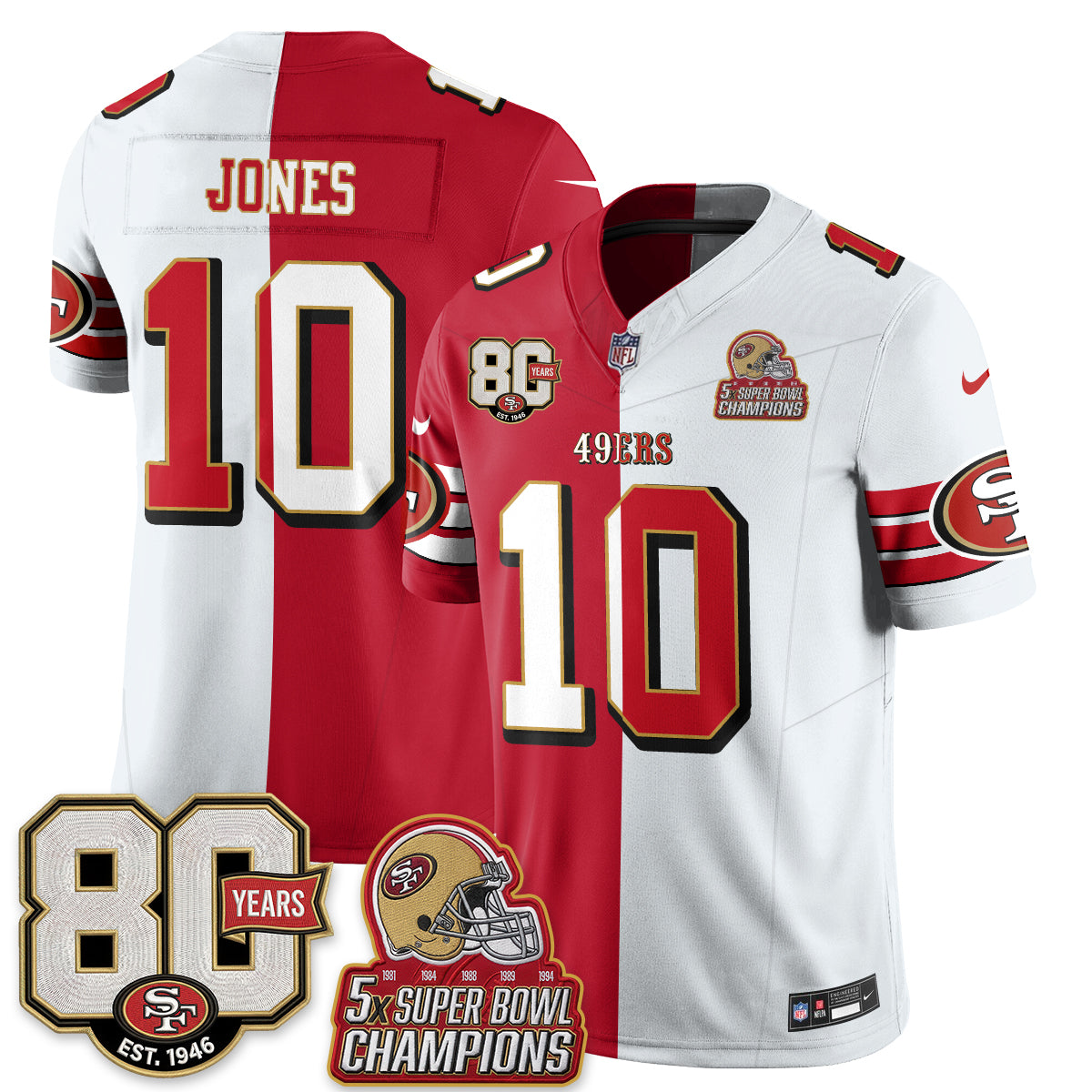 San Francisco 49ers Mac Jones Split Style Vapor Jersey - All Stitched - Red White