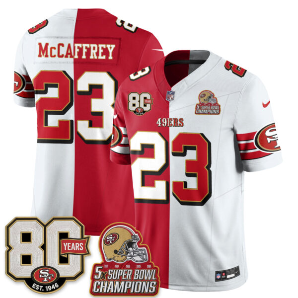 San Francisco 49ers Christian McCaffrey Split Style Vapor Jersey - All Stitched - Red White