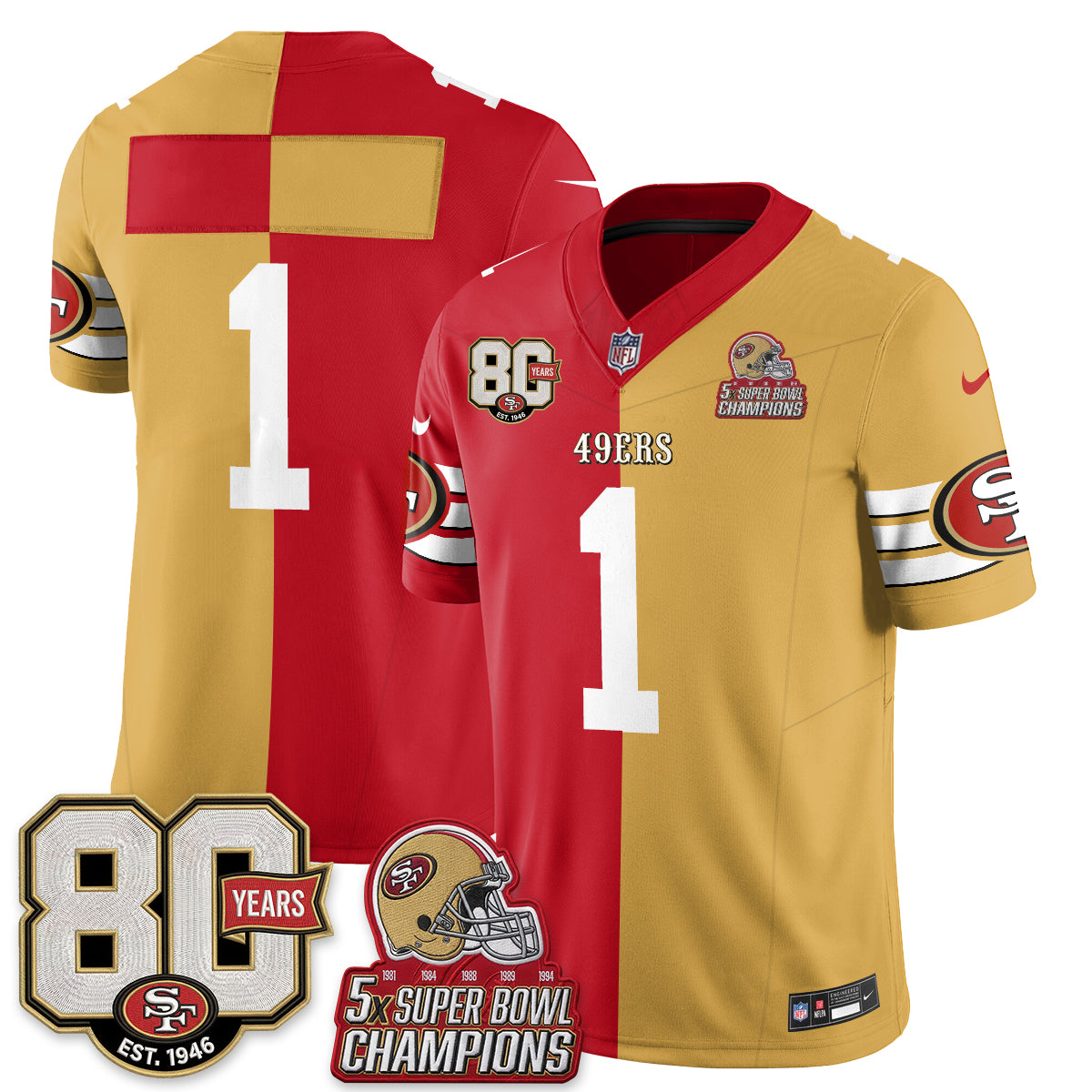 San Francisco 49ers Team Split Style Vapor Jersey - All Stitched - Red Gold