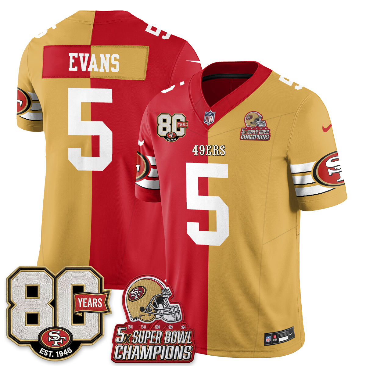 San Francisco 49ers Mike Evans Split Style Vapor Jersey - All Stitched - Red Gold