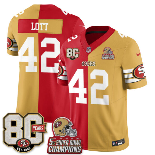 San Francisco 49ers Ronnie Lott Split Style Vapor Jersey - All Stitched - Red Gold