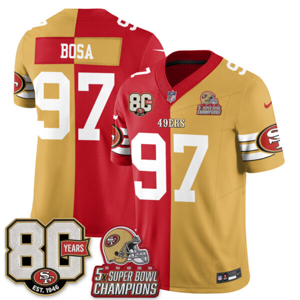 San Francisco 49ers Nick Bosa Split Style Vapor Jersey - All Stitched - Red Gold