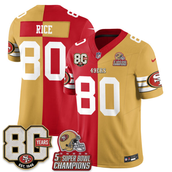 San Francisco 49ers Jerry Rice Split Style Vapor Jersey - All Stitched - Red Gold