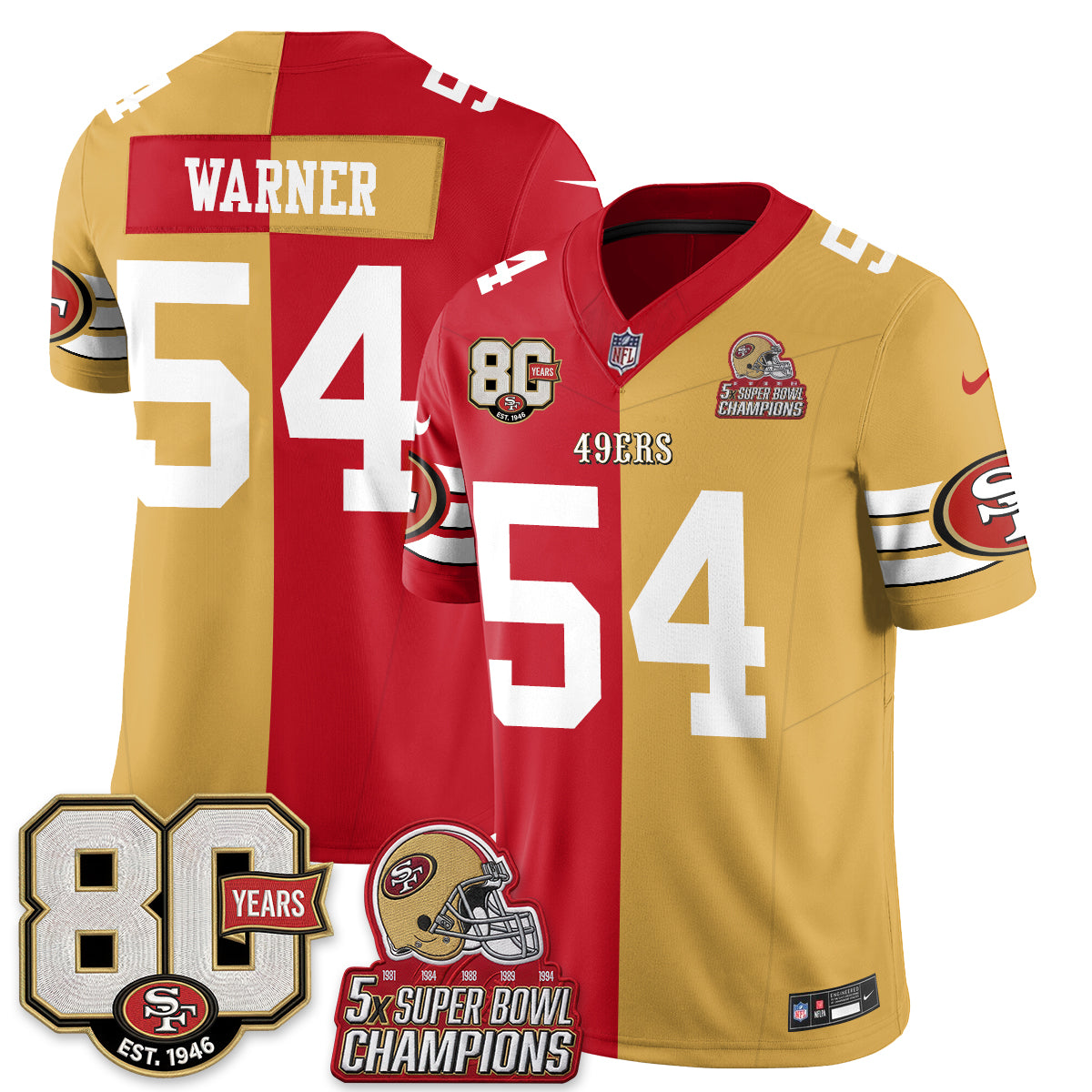 San Francisco 49ers Fred Warner Split Style Vapor Jersey - All Stitched - Red Gold