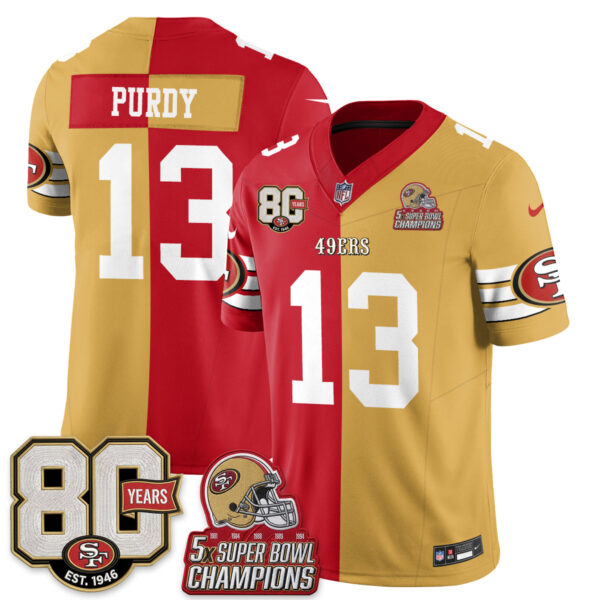 San Francisco 49ers Brock Purdy Split Style Vapor Jersey - All Stitched - Red Gold
