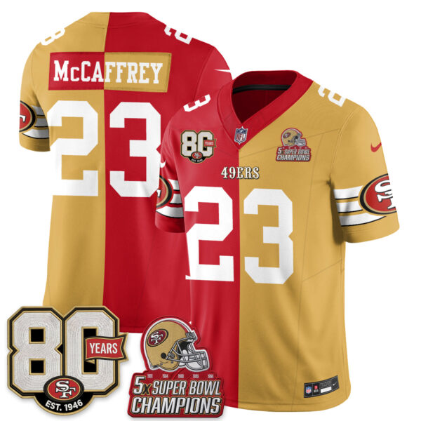 San Francisco 49ers Christian McCaffrey Split Style Vapor Jersey - All Stitched - Red Gold