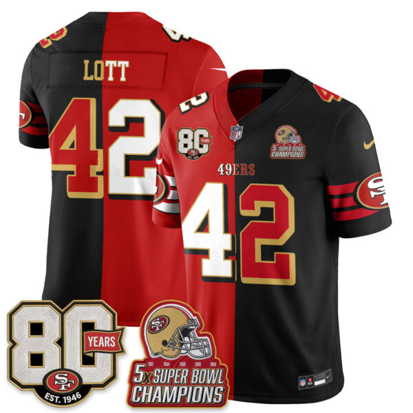 San Francisco 49ers Ronnie Lott Split Style Vapor Jersey - All Stitched - Red Black
