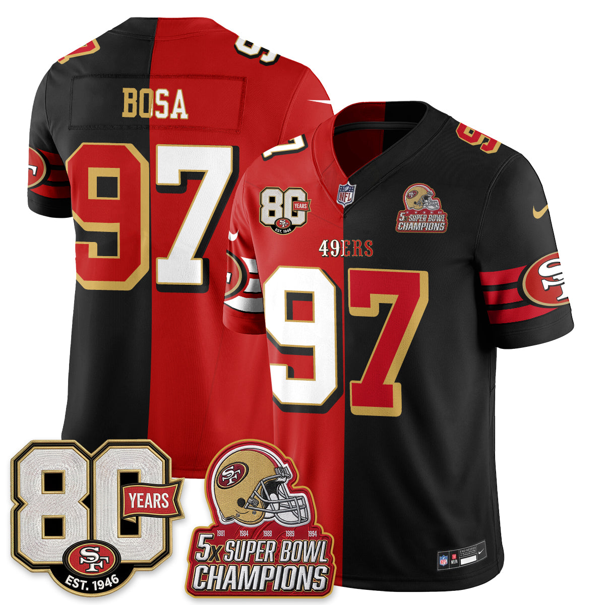 San Francisco 49ers Nick Bosa Split Style Vapor Jersey - All Stitched - Red Black