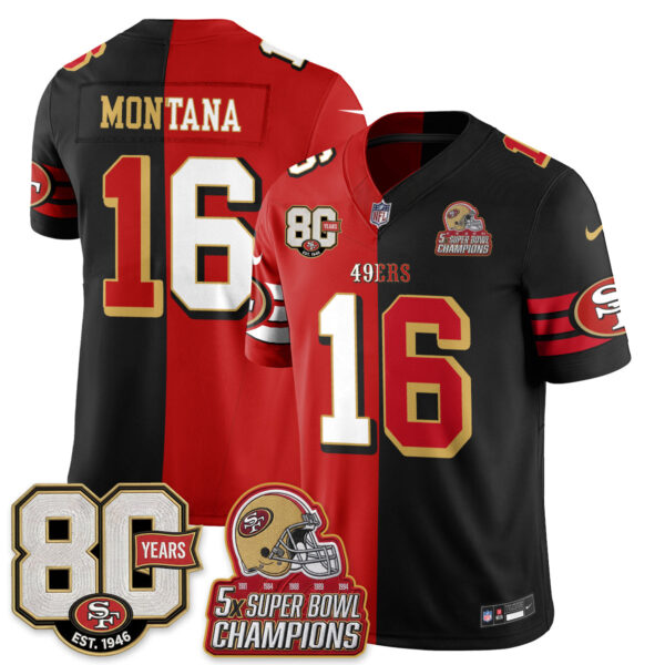San Francisco 49ers Joe Montana Split Style Vapor Jersey - All Stitched - Red Black