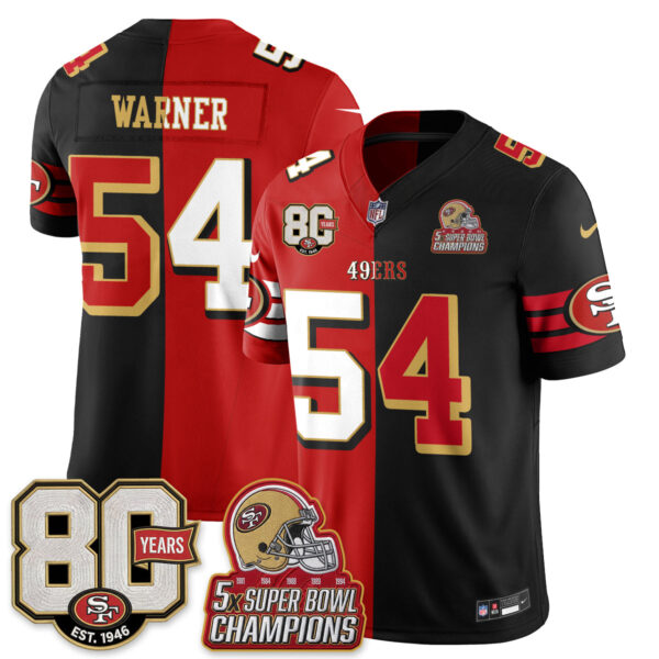 San Francisco 49ers Fred Warner Split Style Vapor Jersey - All Stitched - Red Black