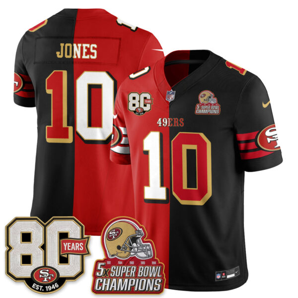 San Francisco 49ers Mac Jones Split Style Vapor Jersey - All Stitched - Red Black