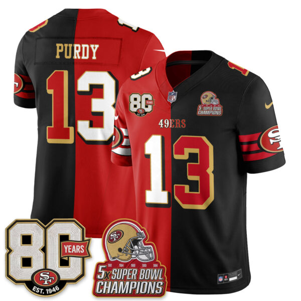 San Francisco 49ers Brock Purdy Split Style Vapor Jersey - All Stitched - Red Black