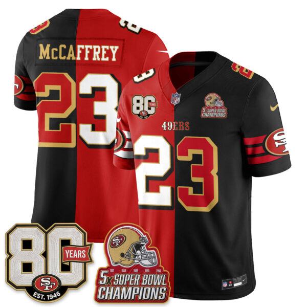 San Francisco 49ers Christian McCaffrey Split Style Vapor Jersey - All Stitched - Red Black