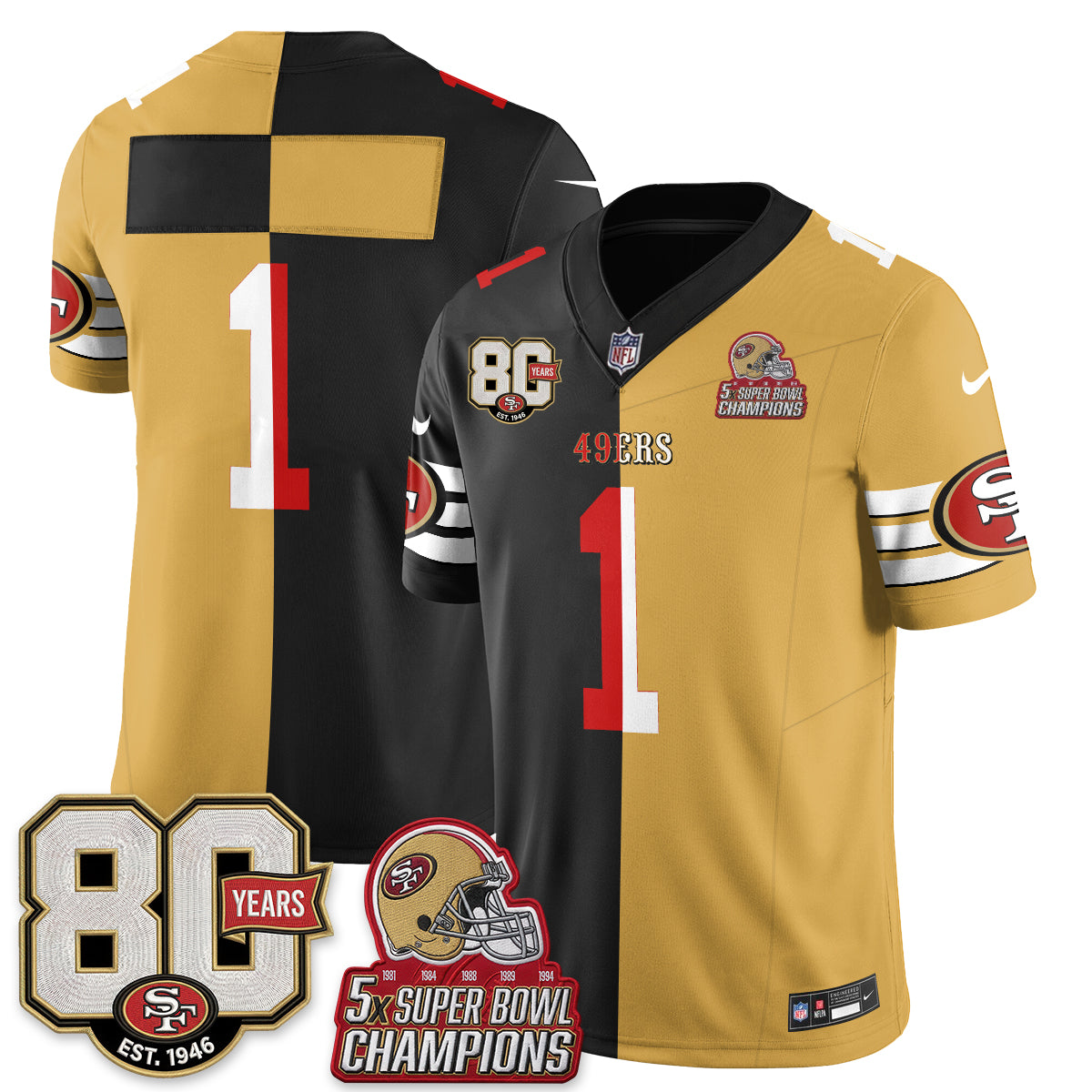 San Francisco 49ers Team Split Style Vapor Jersey - All Stitched - Black Gold