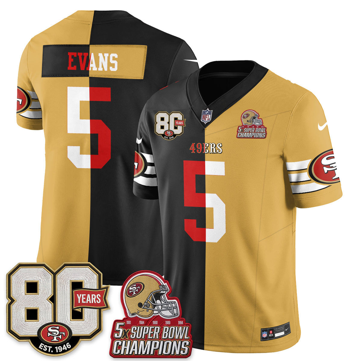 San Francisco 49ers Mike Evans Split Style Vapor Jersey - All Stitched - Black Gold
