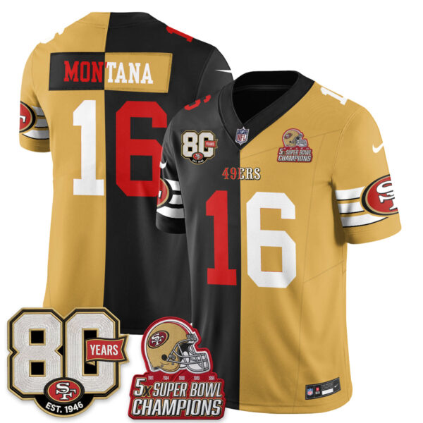 San Francisco 49ers Joe Montana Split Style Vapor Jersey - All Stitched - Black Gold
