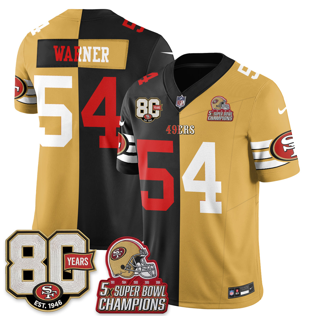 San Francisco 49ers Fred Warner Split Style Vapor Jersey - All Stitched - Black Gold