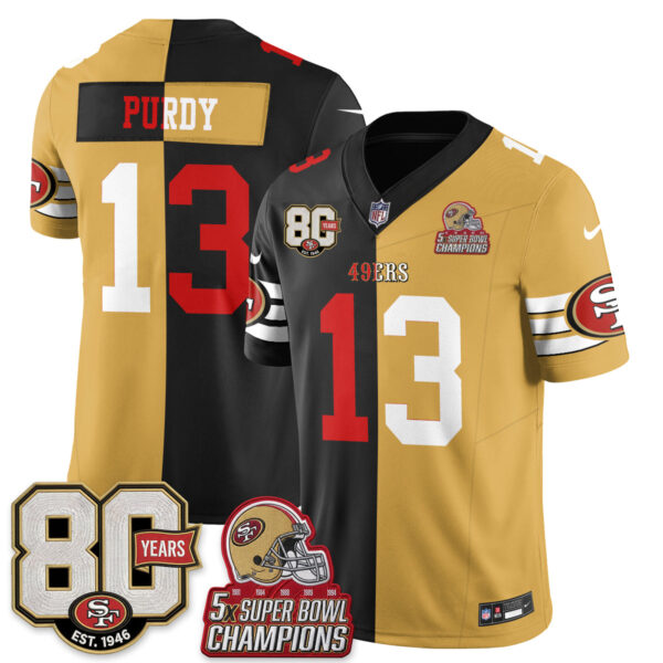 San Francisco 49ers Brock Purdy Split Style Vapor Jersey - All Stitched - Black Gold