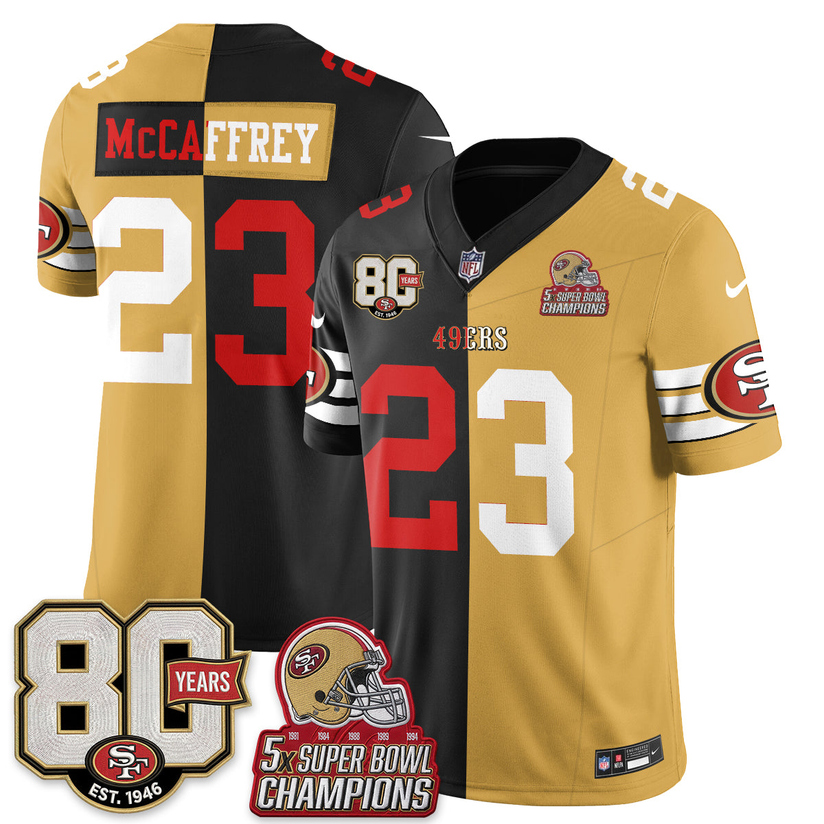 San Francisco 49ers Christian McCaffrey Split Style Vapor Jersey - All Stitched - Black Gold