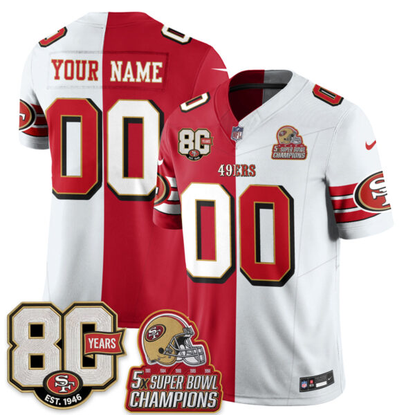 San Francisco 49ers Split Style Vapor Custom Jersey - All Stitched - Red White