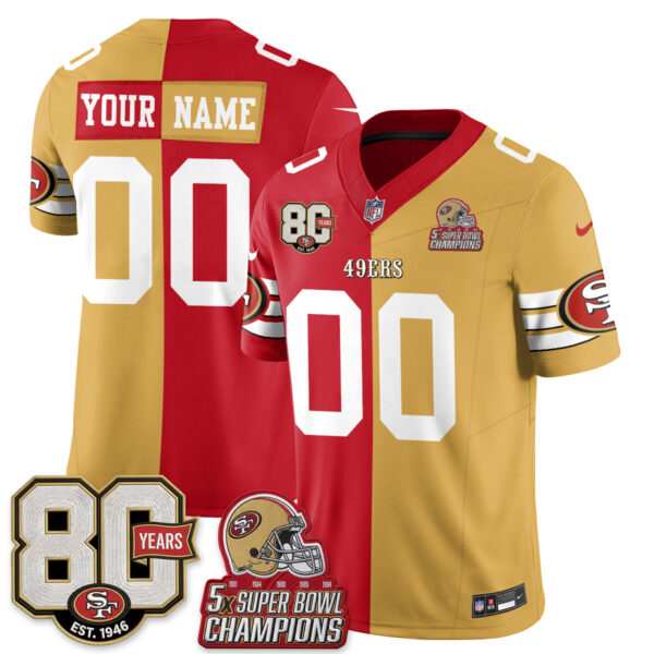 San Francisco 49ers Split Style Vapor Custom Jersey - All Stitched - Red Gold
