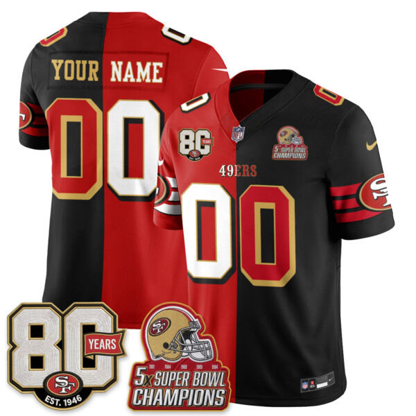 San Francisco 49ers Split Style Vapor Custom Jersey - All Stitched - Red Black