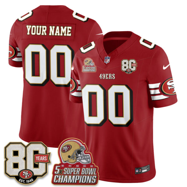 San Francisco 49ers Throwback '80th Anniversary' Patch Edition Vapor Custom Jersey - All Stitched - Red