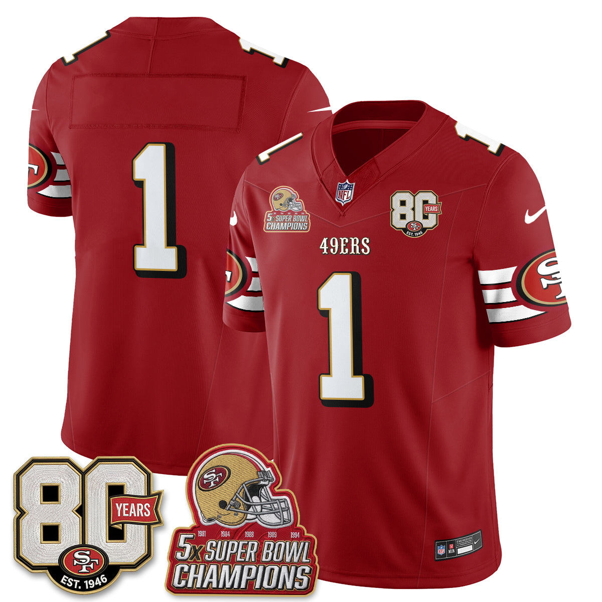 San Francisco 49ers Team Throwback '80th Anniversary' Patch Edition Vapor Jersey - All Stitched - Red