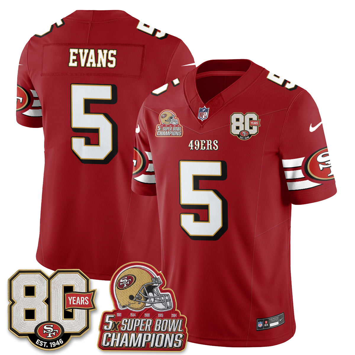 San Francisco 49ers Mike Evans Throwback '80th Anniversary' Patch Edition Vapor Jersey - All Stitched - Red
