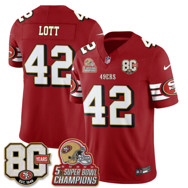 San Francisco 49ers Ronnie Lott Throwback '80th Anniversary' Patch Edition Vapor Jersey - All Stitched - Red