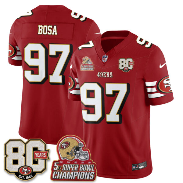 San Francisco 49ers Nick Bosa Throwback '80th Anniversary' Patch Edition Vapor Jersey - All Stitched - Red