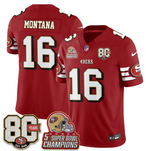 San Francisco 49ers Joe Montana Throwback '80th Anniversary' Patch Edition Vapor Jersey - All Stitched - Red