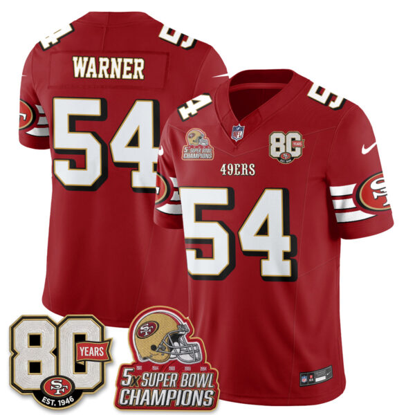 San Francisco 49ers Fred Warner Throwback '80th Anniversary' Patch Edition Vapor Jersey - All Stitched - Red