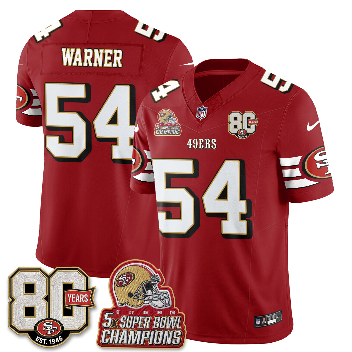 San Francisco 49ers Fred Warner Throwback '80th Anniversary' Patch Edition Vapor Jersey - All Stitched - Red