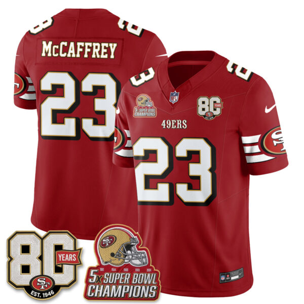 San Francisco 49ers Christian McCaffrey Throwback '80th Anniversary' Patch Edition Vapor Jersey - All Stitched - Red