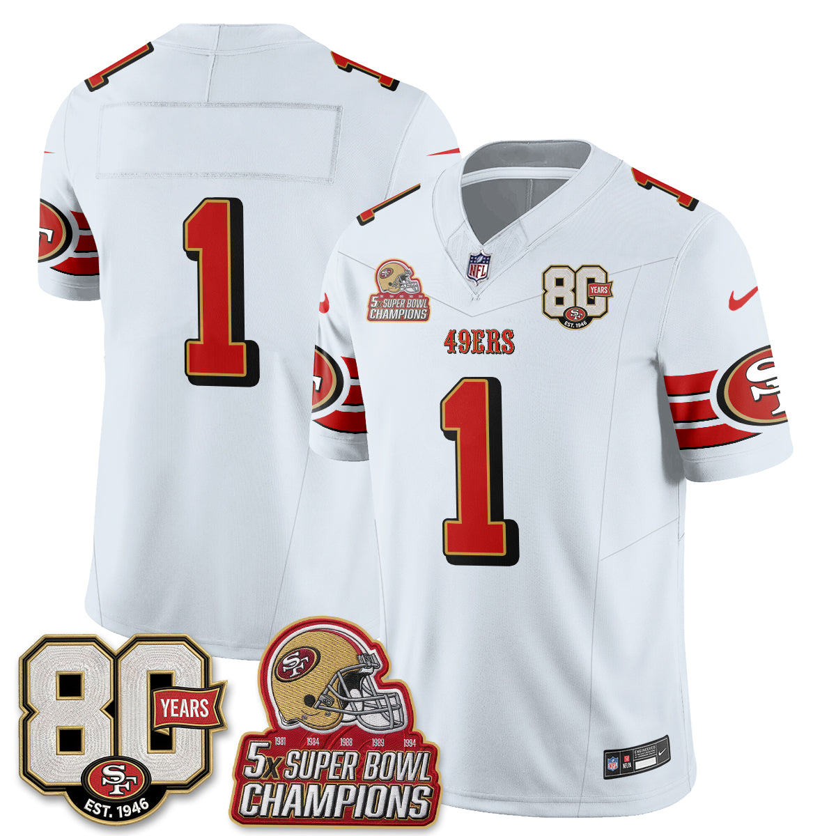 San Francisco 49ers Team Throwback '80th Anniversary' Patch Edition Vapor Jersey - All Stitched - White