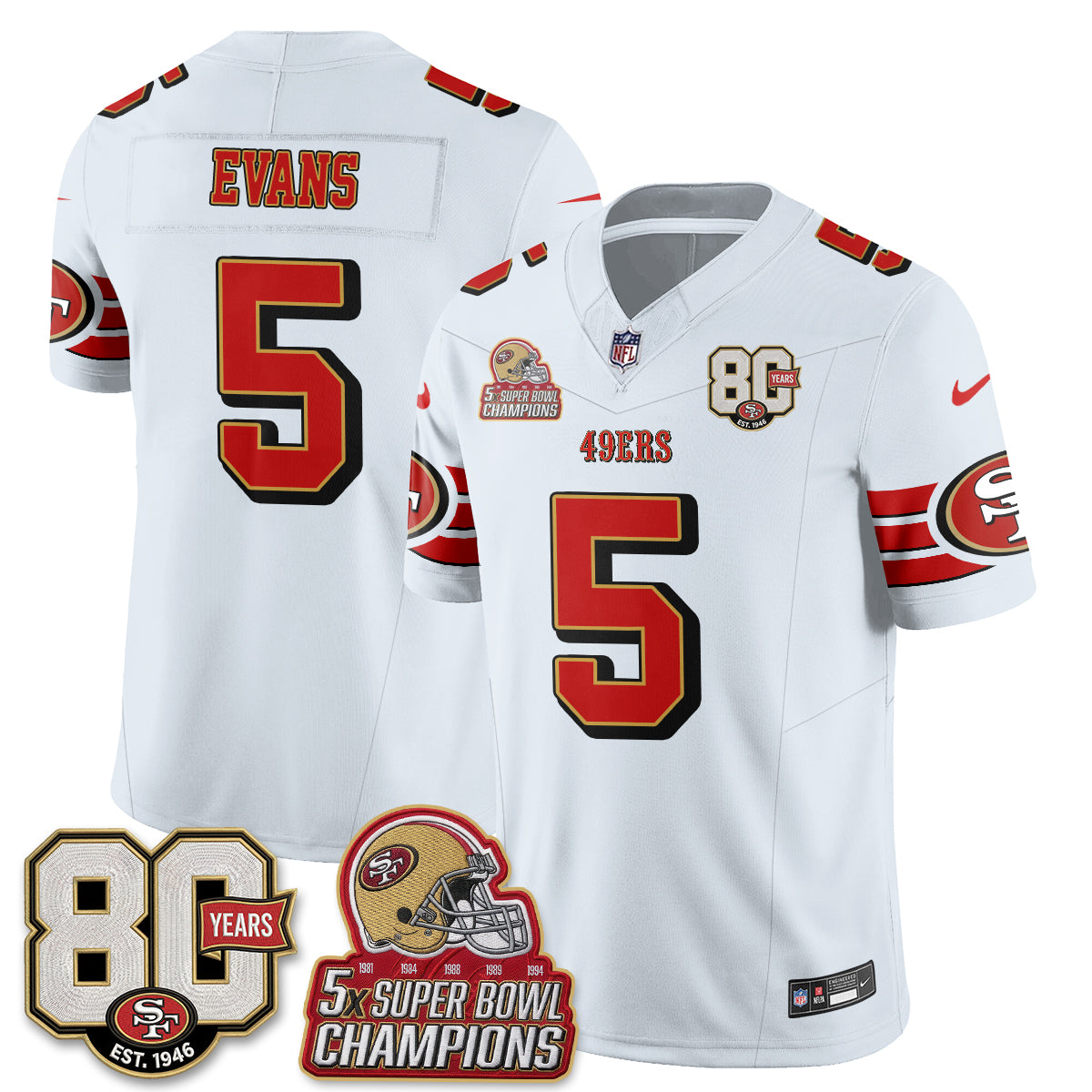 San Francisco 49ers Mike Evans Throwback '80th Anniversary' Patch Edition Vapor Jersey - All Stitched - White