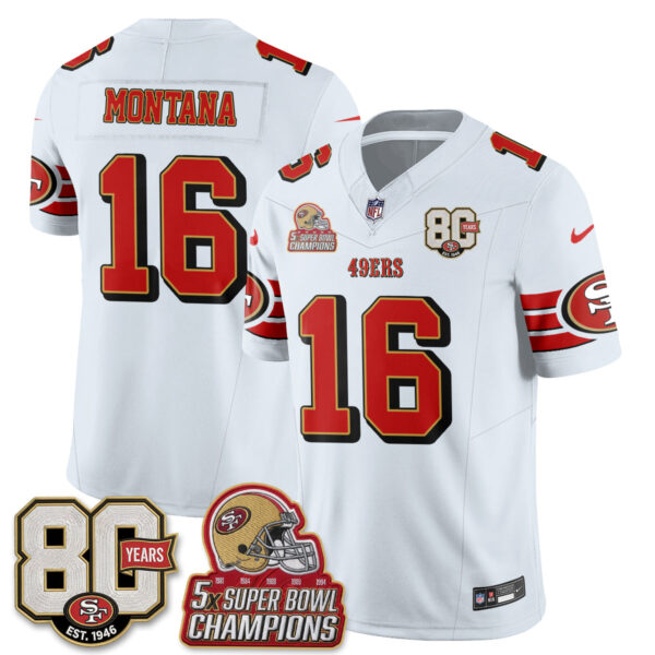 San Francisco 49ers Joe Montana Throwback '80th Anniversary' Patch Edition Vapor Jersey - All Stitched - White