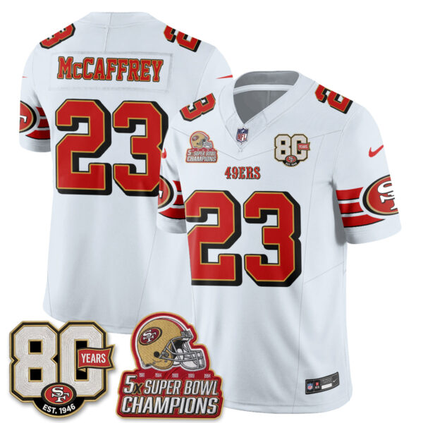 San Francisco 49ers Christian McCaffrey Throwback '80th Anniversary' Patch Edition Vapor Jersey - All Stitched - White