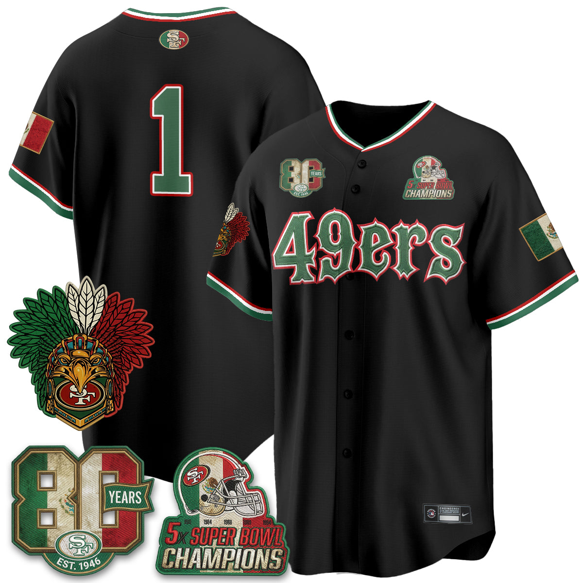 San Francisco 49ers Team Mexico Edition Baseball Vapor Jersey - All Stitched - Black