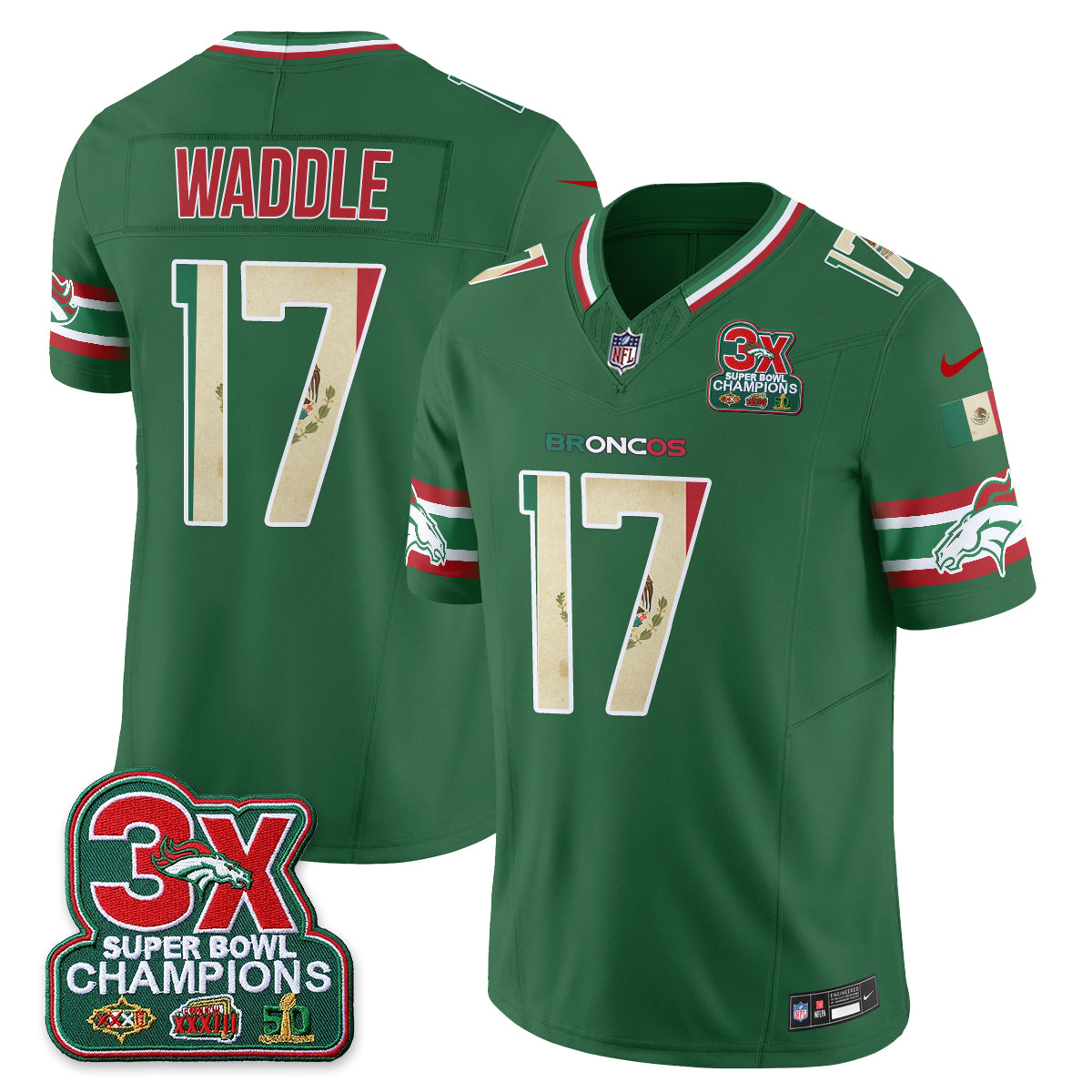 Denver Broncos Jaylen Waddle Mexico Edition Vapor Jersey - All Stitched - Green