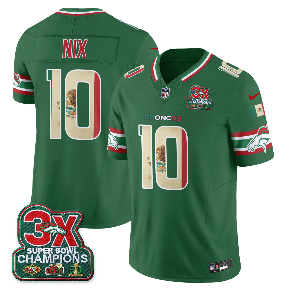Denver Broncos Bo Nix Mexico Edition Vapor Jersey - All Stitched - Green