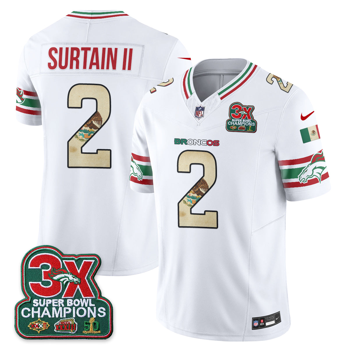 Denver Broncos Patrick Surtain II Mexico Edition Vapor Jersey - All Stitched - White