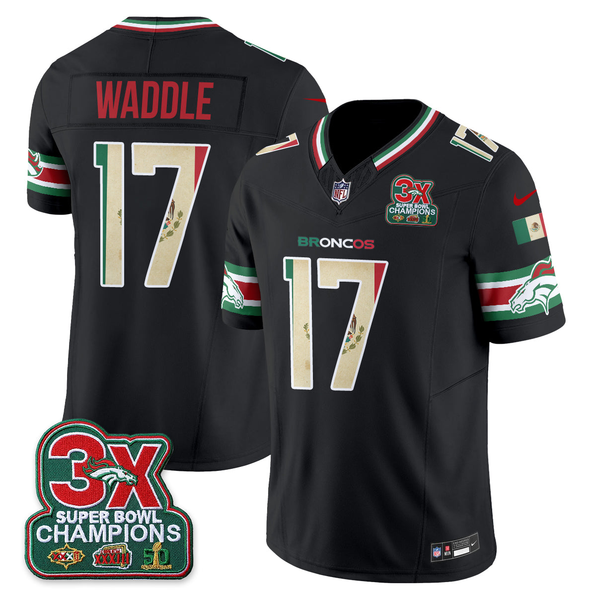 Denver Broncos Jaylen Waddle Mexico Edition Vapor Jersey - All Stitched - Black
