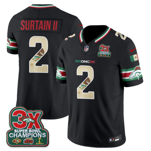 Denver Broncos Patrick Surtain II Mexico Edition Vapor Jersey - All Stitched - Black