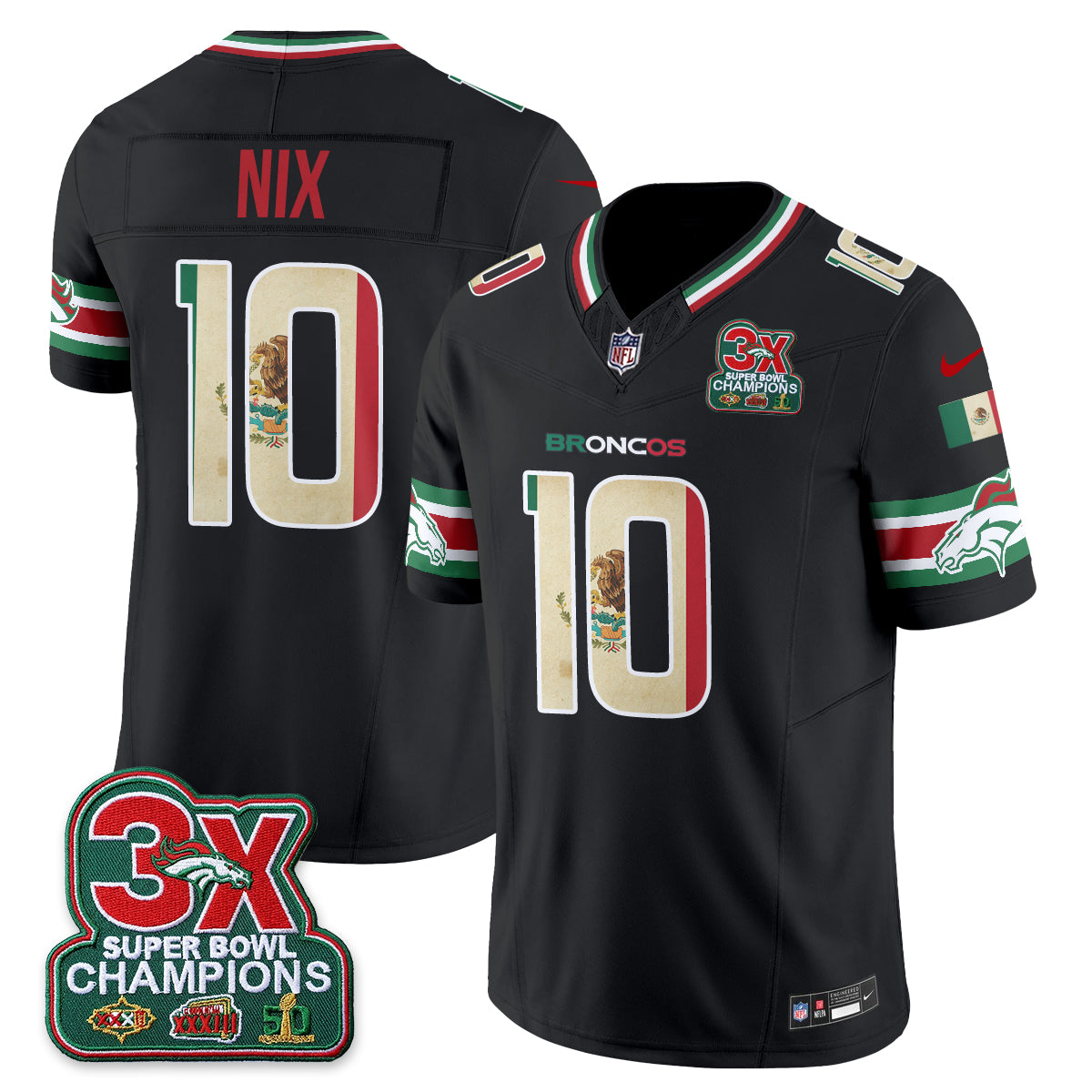 Denver Broncos Bo Nix Mexico Edition Vapor Jersey - All Stitched - Black
