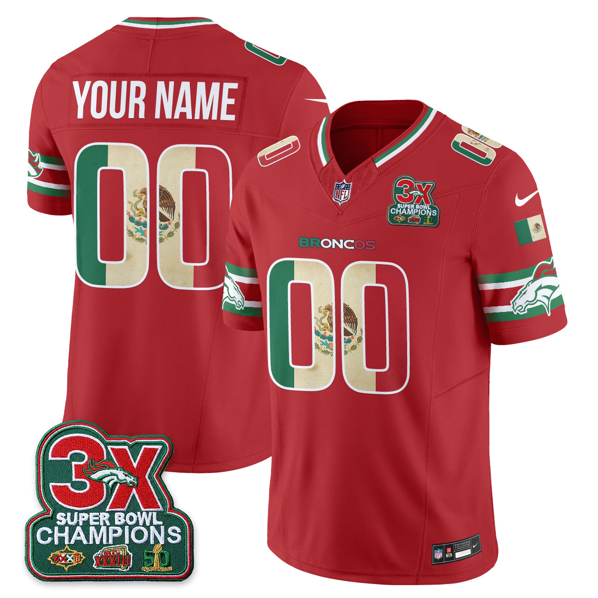 Denver Broncos Mexico Edition Vapor Custom Jersey - All Stitched - Red