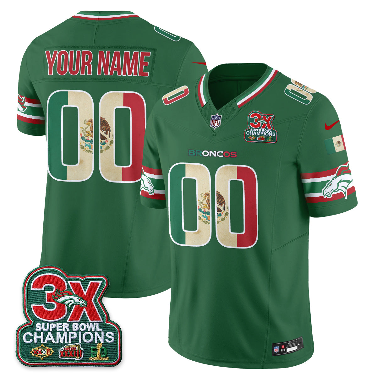 Denver Broncos Mexico Edition Vapor Custom Jersey - All Stitched - Green